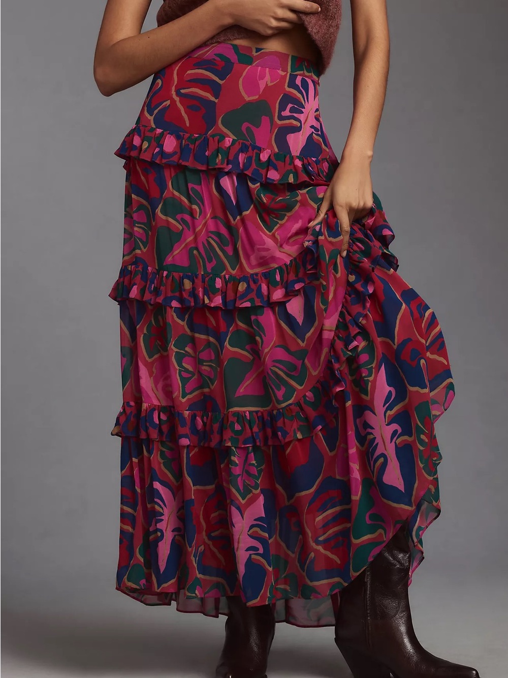 FARM Rio Multicolor Floral Tiered Ruffle Maxi Skirt